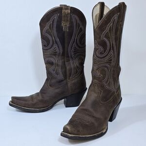 Ariat Round Up D Toe Brown Cowgirl Western Boots Women's 6.5 Purple Embroidered